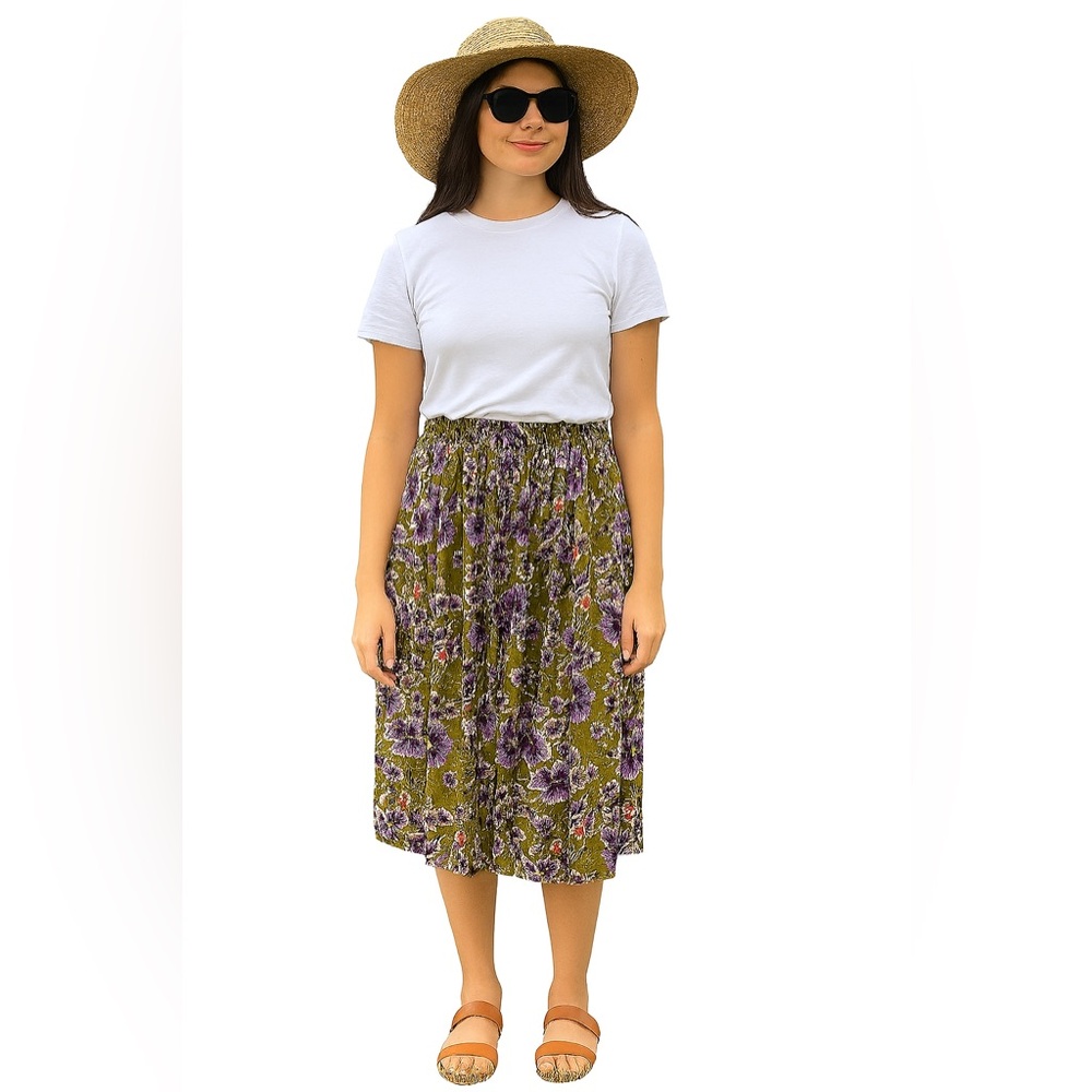United Colors of Benetton Vintage 80s 90s Green Floral Skirt Sz. L